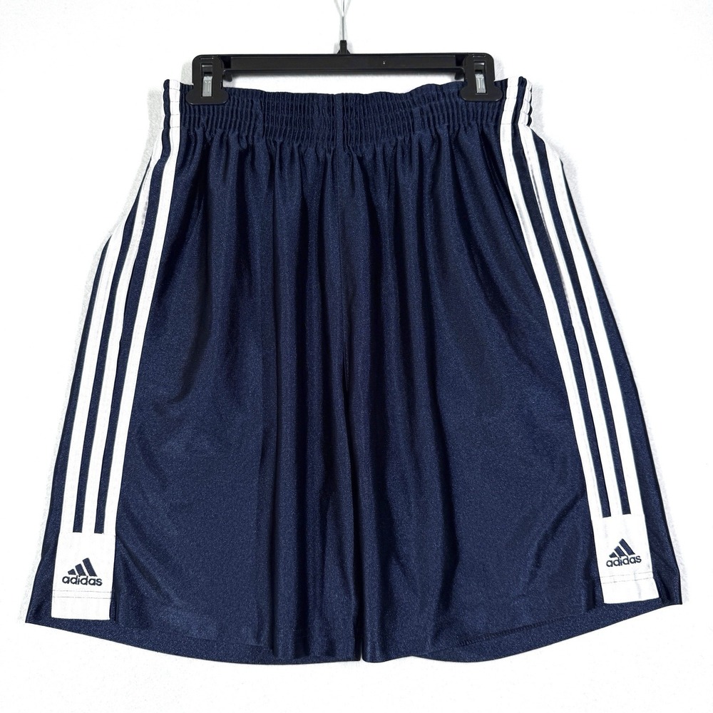 Vintage Adidas Shorts Mens Small Shiny Dazzle Soccer Y2K Blue 3 Stripe Football